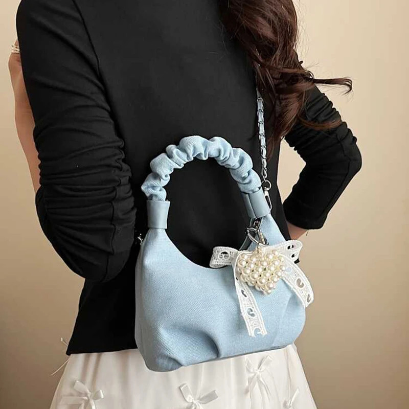 Denim Handheld Folded Cloud Bag For Women Fashion Pearl Ribbon Decor Versatile Chain Crossbody Shoulder Bag 250624