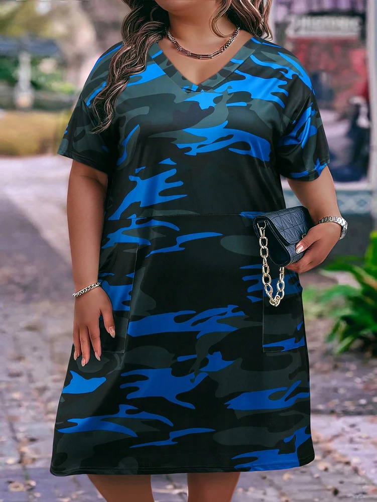 Plus size Vneck camouflage print pocket shortsleeved dress summer models casual loose polyester material 2025 250613