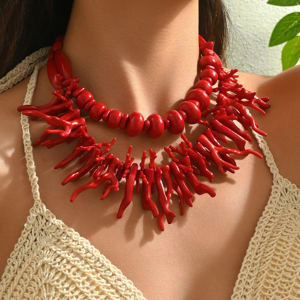 Fashion Women's Multi-Layer Coral Design Long Clavicle Chain Necklace Two-Piece Set For Women