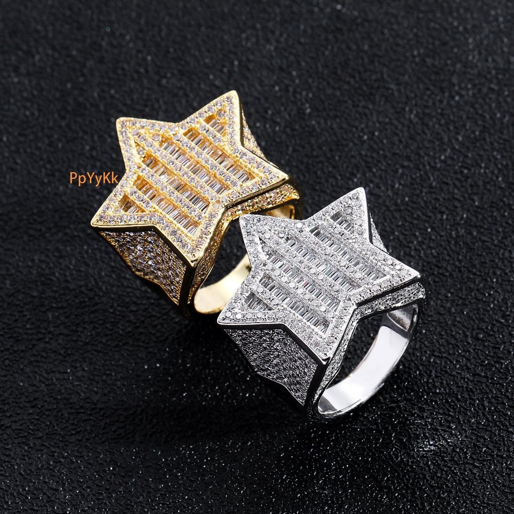 Luxury Moissanite Jewelry New Hip Hop Ring Five Pointed Star Diamond Studded Couple Trendy Matching Rings Pass the diamond tester