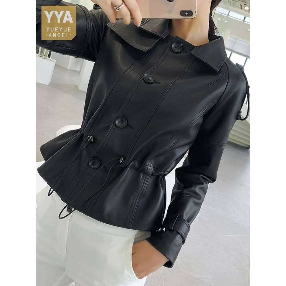 Office Ladies Genuine Leather Jacket Adjustable Waist Slim Fit Sheepskin Short Coat Women Single Breasted Punk Biker Outerwear