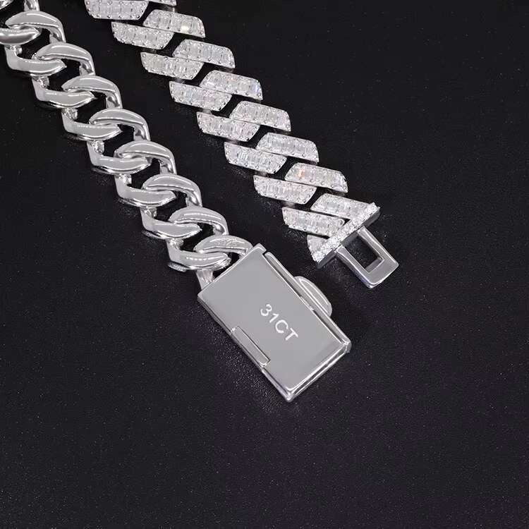 New Style Hip Hop Jewelry 925 Silver 13MM Width Necklace Baguettes Cut Moissanite Men Necklace Bling Cuban Link Chain
