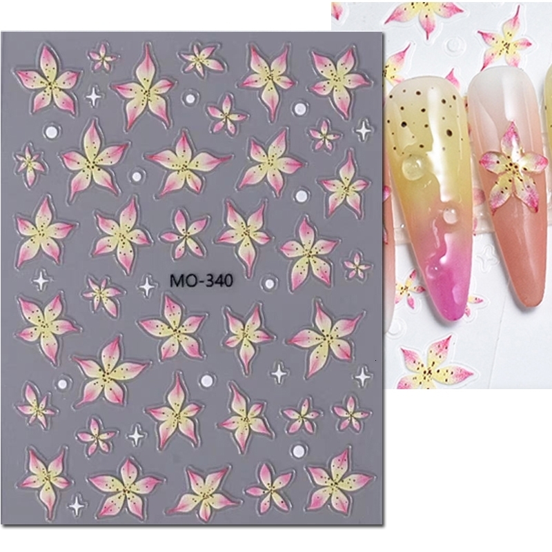 5d Embossed Nail Art Stickers Pink Blooming Florals Flowers Adhesive Sliders Decals Decorations For Tips Manicures 250605