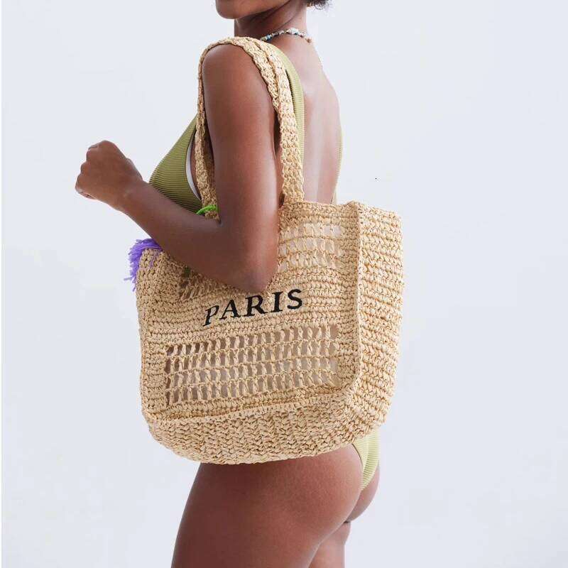 Casual Hollow Letters Straw Shoulder Bags For Women Paper Woven Large Tote Handmade Summer Beach Bag Big Shopper Purses 2024