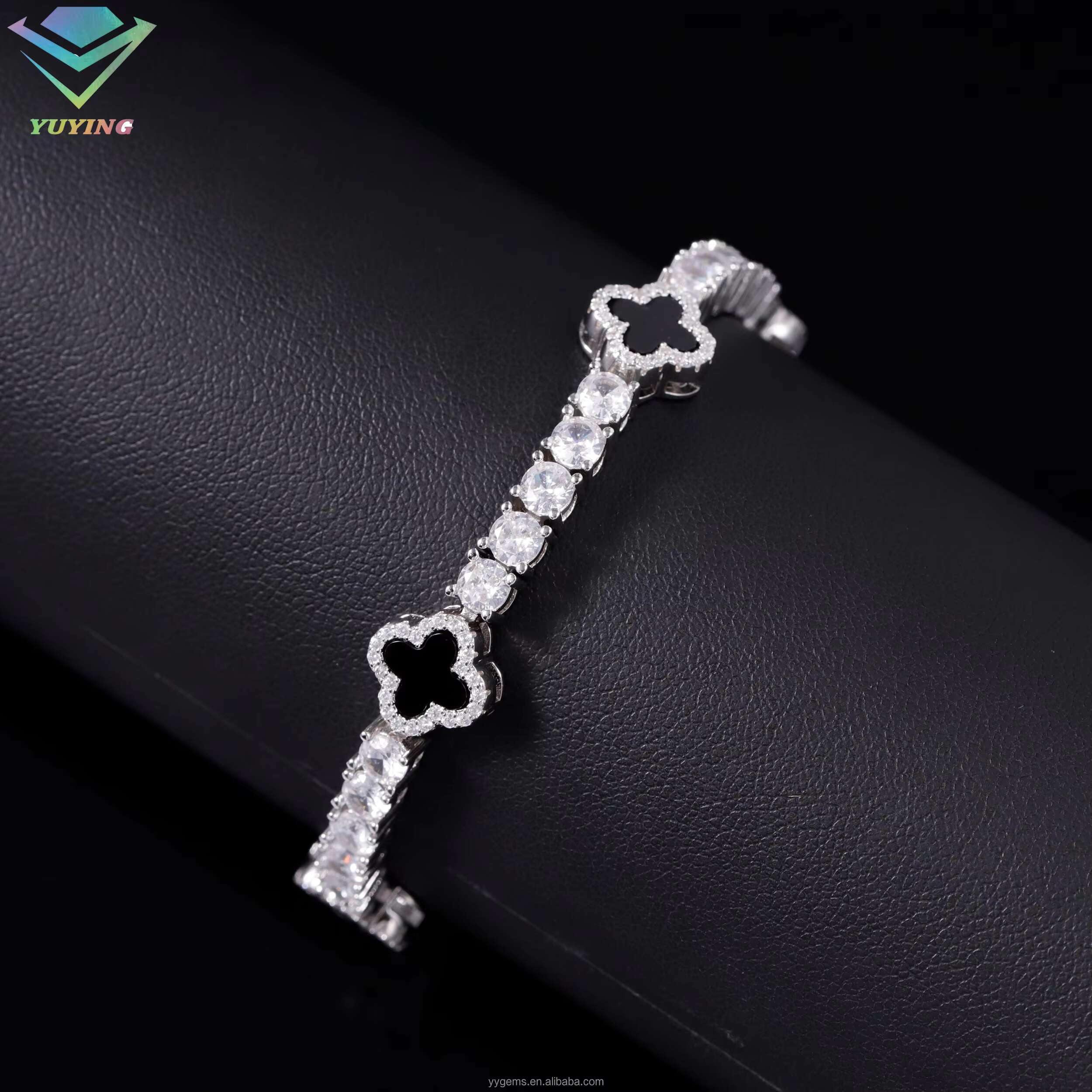 Fashion S925 Silver 3/4/5mm Mossanite Tennis Bracelet Natural Black Agate Onyx Clover Tennis Chain Jewelry Bracelet