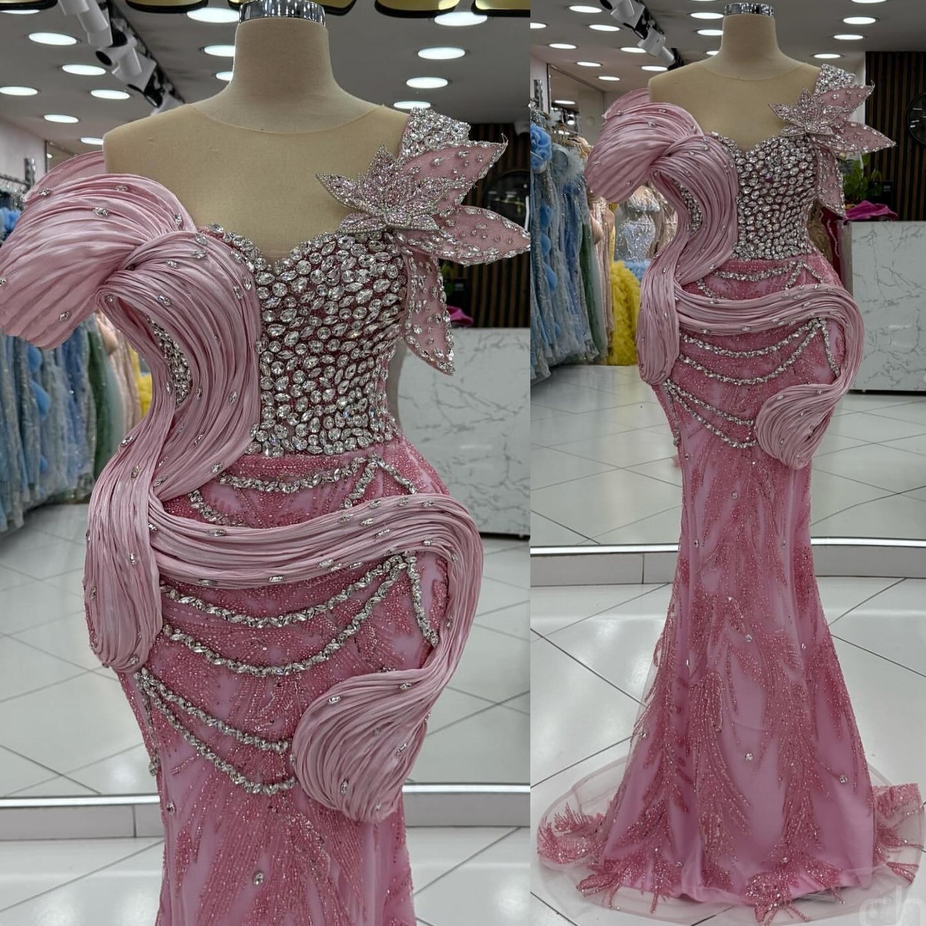 Pink Mermaid Prom Dresses 2025 Rhinestones Flowers Sequined Lace Evening Formal Party Second Birthday Engagement Gowns Plus Size Dress For Special Occ