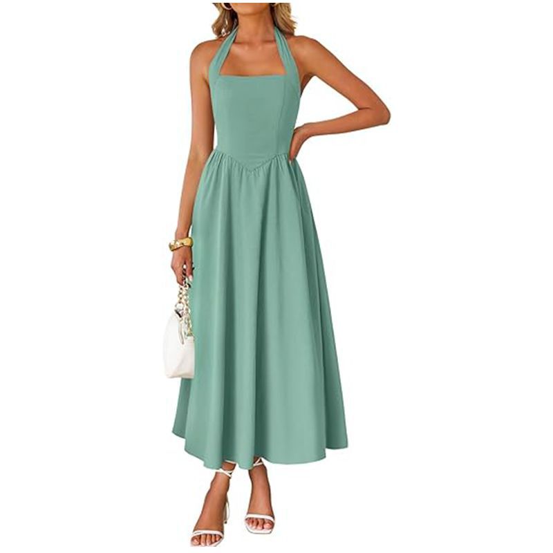 H6241Hot Sleeveless Halter Off-shoulder Pleated High Waist Pocket Dress