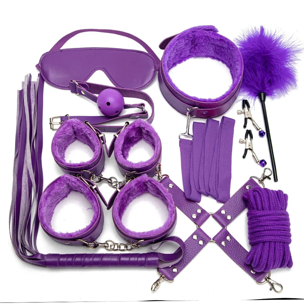 Sexy Leather BDSM Kits Handcuffs Nipple Clamps Whip Spanking Plush Sex Bondage Set Handcuffs Sex Games Sex Toys for Women Men 250624