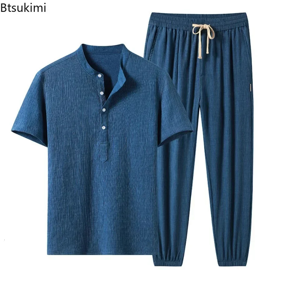Mens Casual Pant Sets Spring Summer Ice Silk Breathable Short Sleeve T-shirts and Pants Two Pieces Sportswear Outfits Male 250617