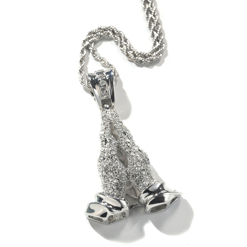 14K Gold Small Prayer Hands Pendant Necklace Sweater Chain Mens Hip Hop Rapper Rhinestone Alloy Accessory Collar Party Jewelry Accessories Bijoux Gift