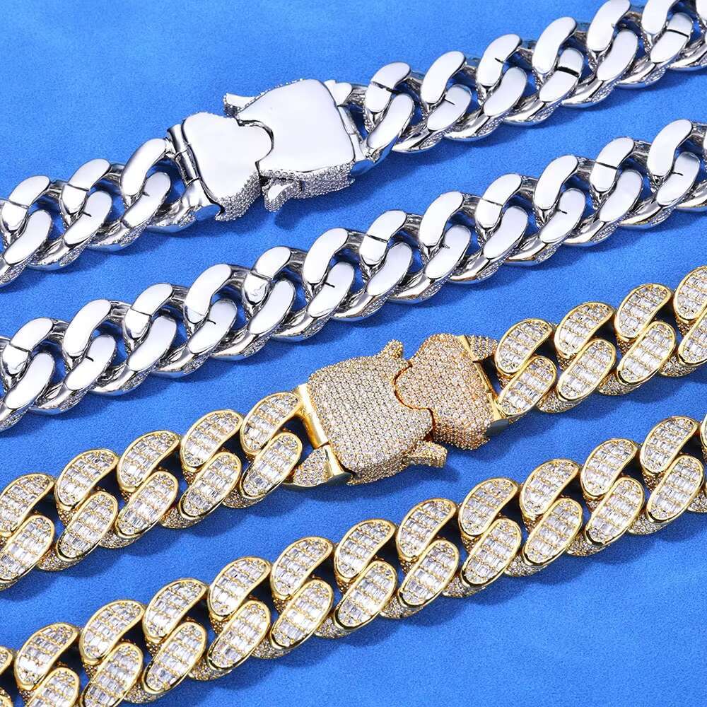 Mens Hip Hop Three-Row T-Square 925 Sterling Silver VVS D Color Moissanite Necklace Iced Miami Cuban Chain Link Jewelry