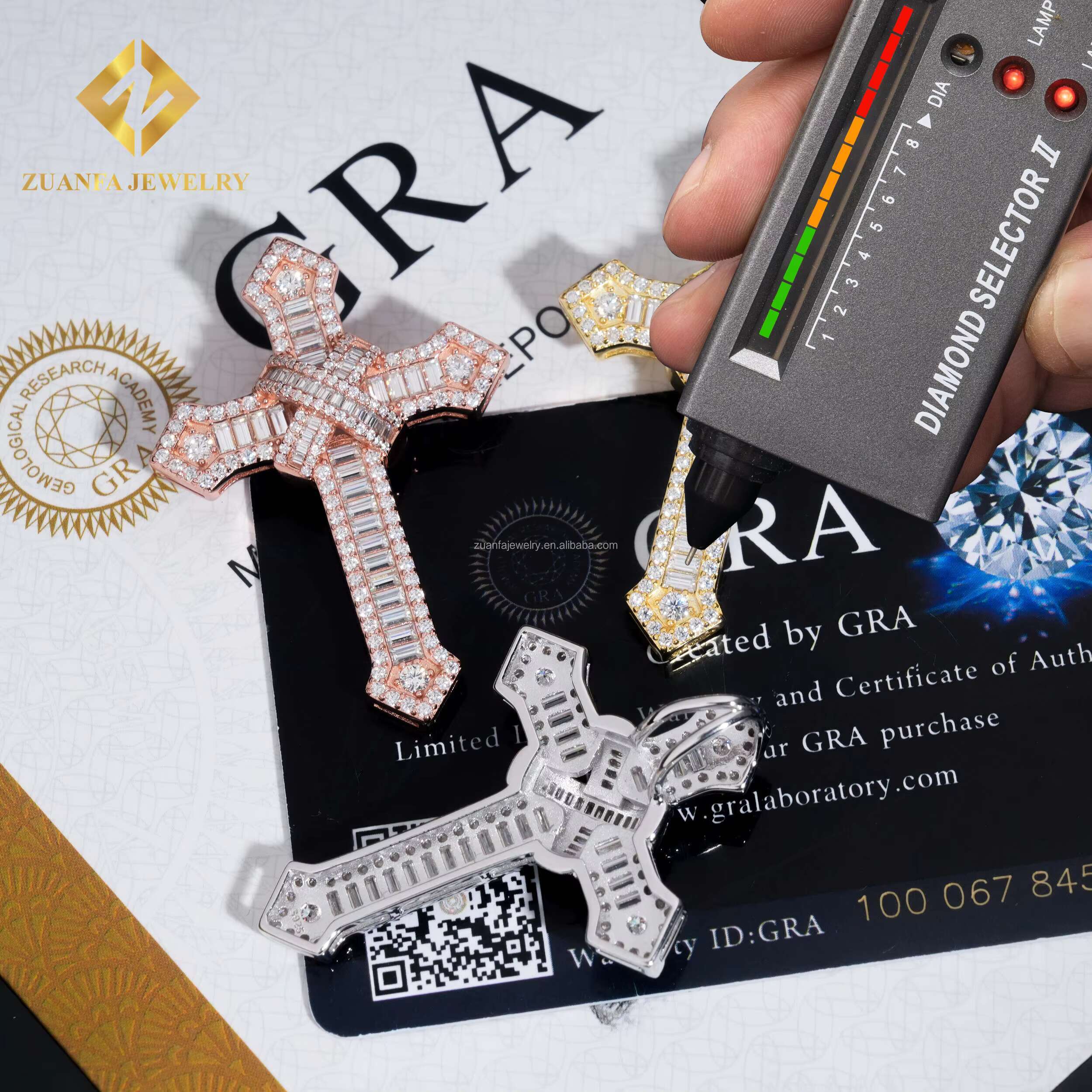 Wholesale Price Pass Diamond Tester GRA Certificate Iced Out Hip Hop Jewelry Baguette Moissanite Diamond Cross Pendant Chain