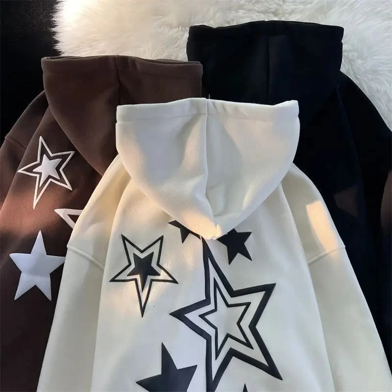 Harajuku Streetwear Sweatshirt Unisex Oversized Y2K Stars Printed Loose Long Sleeve Hoodies For Women Autumn Winter Cute Tops 250618