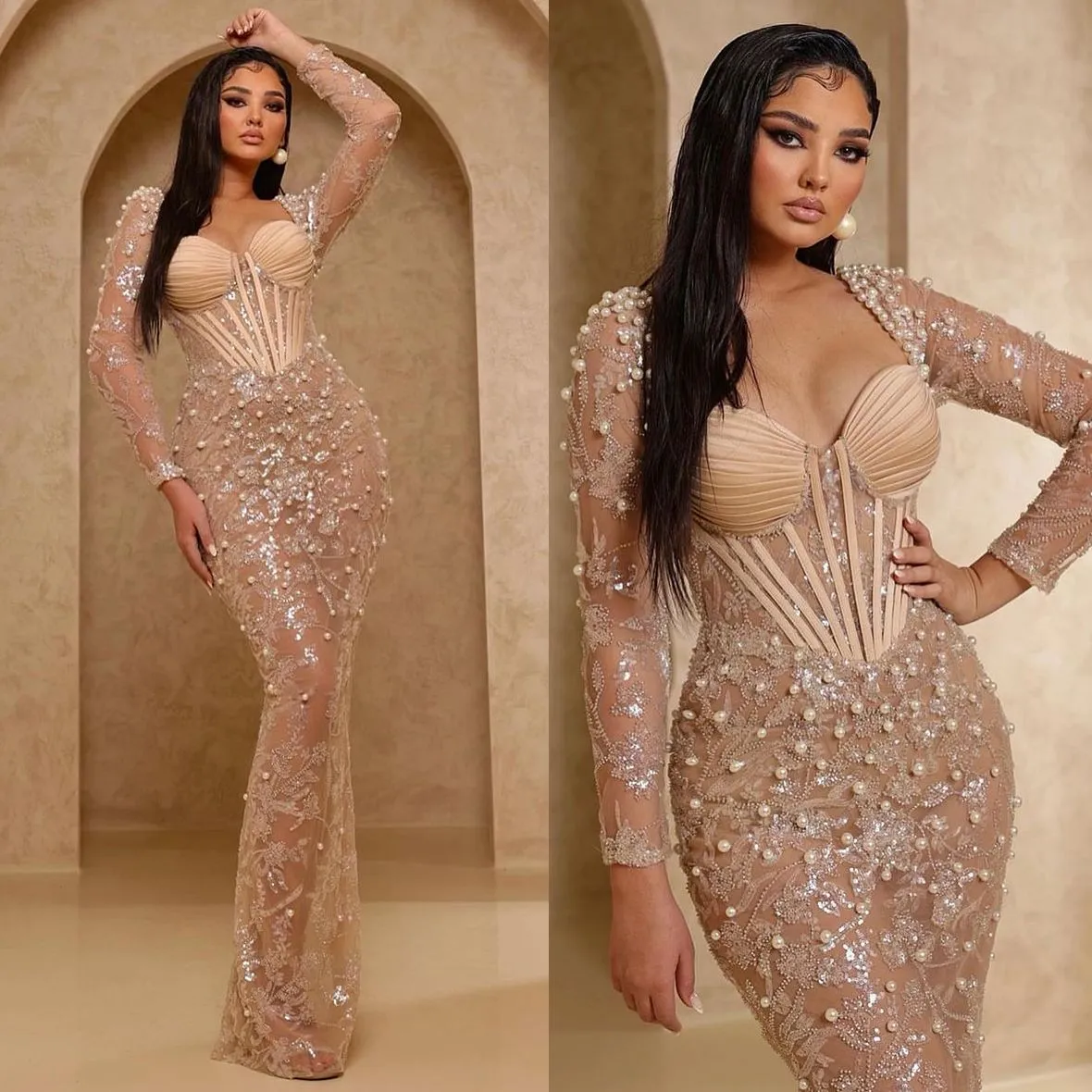 Sparkly Pearls Prom Dresses Sexy Sweetheart Long Sleeve Evening Dress See Through Sequined Lace Party Gown Customized