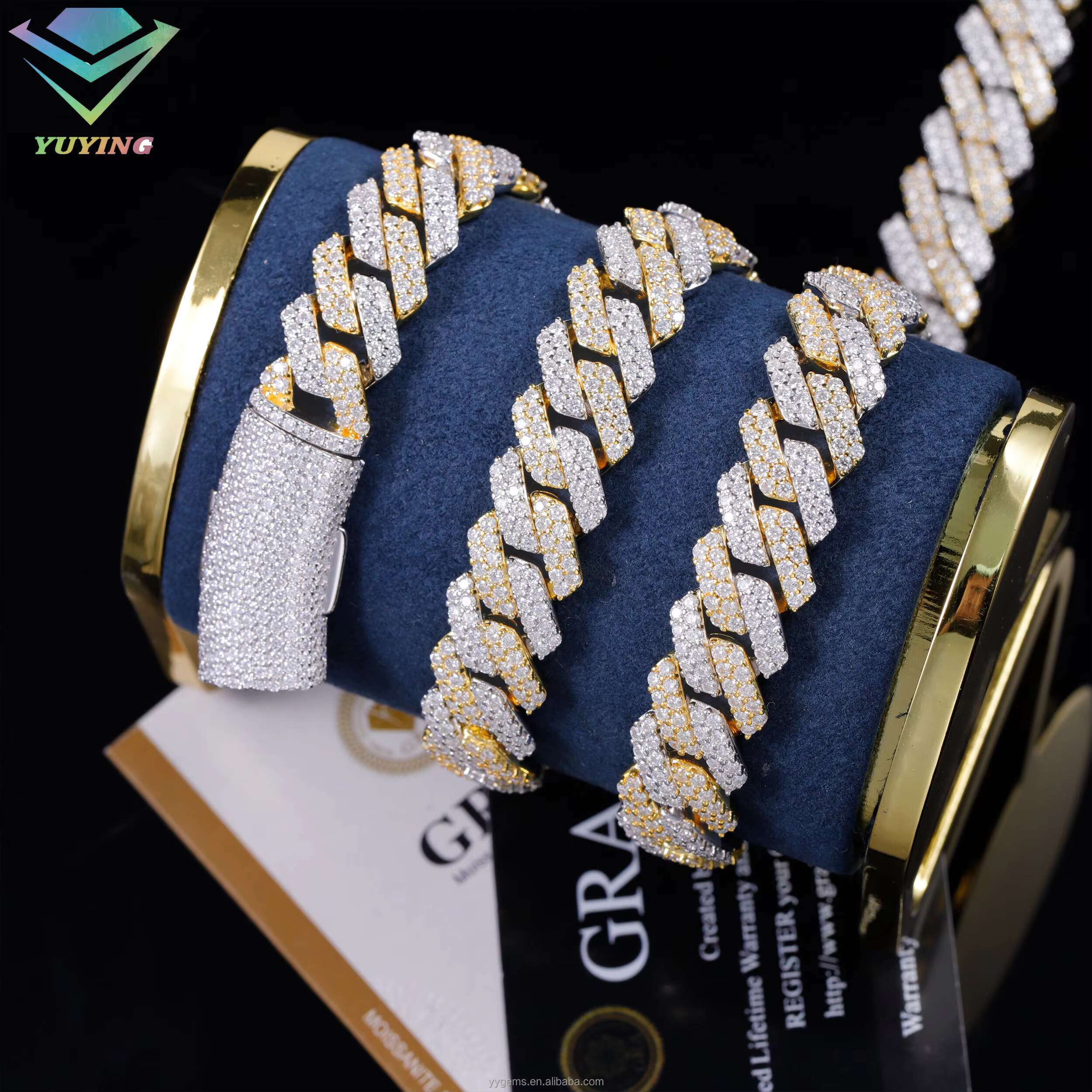 Yy New Design 14 mm 2 Tones 2rows Diamond Cuban Link Chian Iced Out Vvs Moissanite 925 Silver Fine Jewelry Necklaces for Men