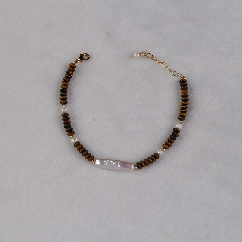 Natural Freshwater Pearls Handcrafted Bracelet Featuring Stone Accents - Brown Tones