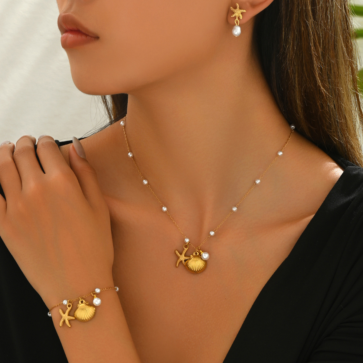 Ocean Style Women's Earrings Necklace Set Shell Pearl Bracelet Unique Beach Jewelry For Women