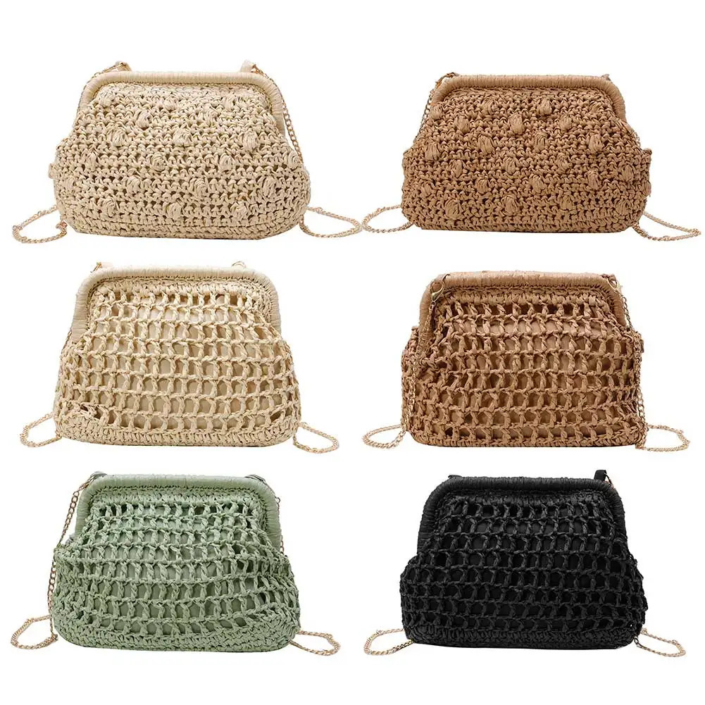 Straw Clutch Purse Hollow Woven Dumpling Bag with Chain Strap Crossbody Crochet Purses for Women Travel Vacation 250624