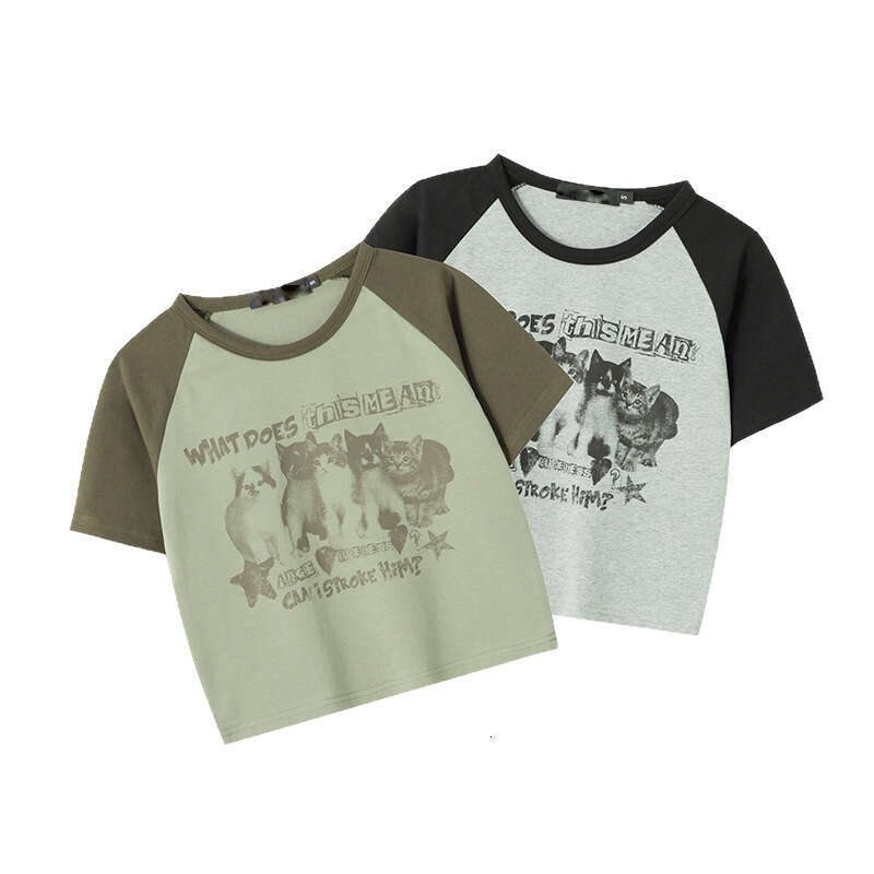 American Style Spicy Girl Raglan Sleeve Color Block Print T-Shirt Women New Summer Short Regular Shoulder Round Neck Top B5
