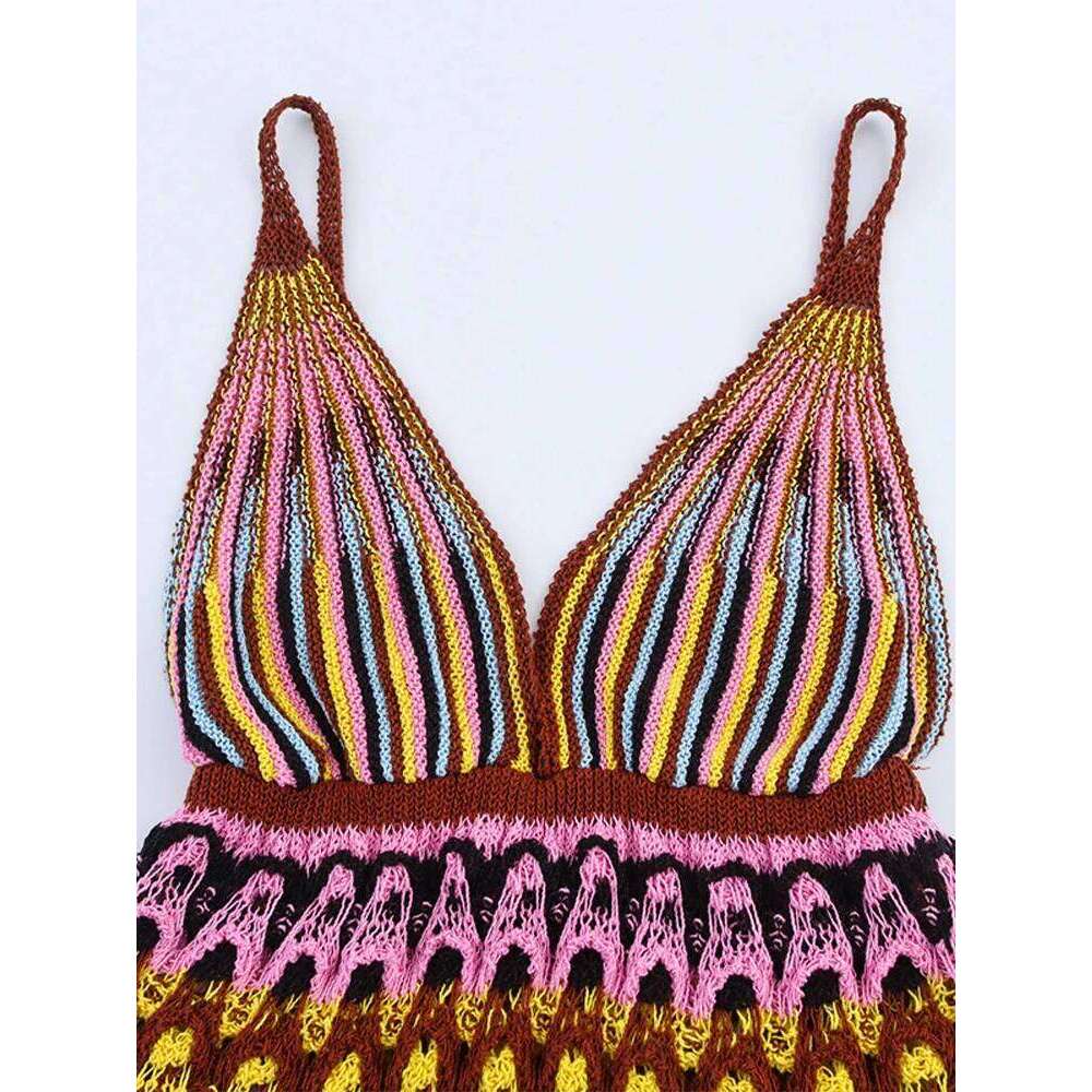 Casual Knitted Color Contrast Women's Dresses Chic V Neck Sleeveless A-line Female Robes 2025 Summer New Holiday Lady Vestidos