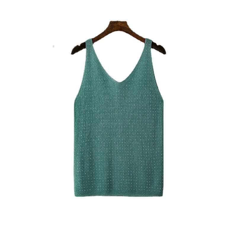 2023 Summer New Ice Silk Knitted Camisole with Shiny Thread Rhinestones, V-neck, Solid Color, Slim Fit, Sexy and Fashionable Tank Top