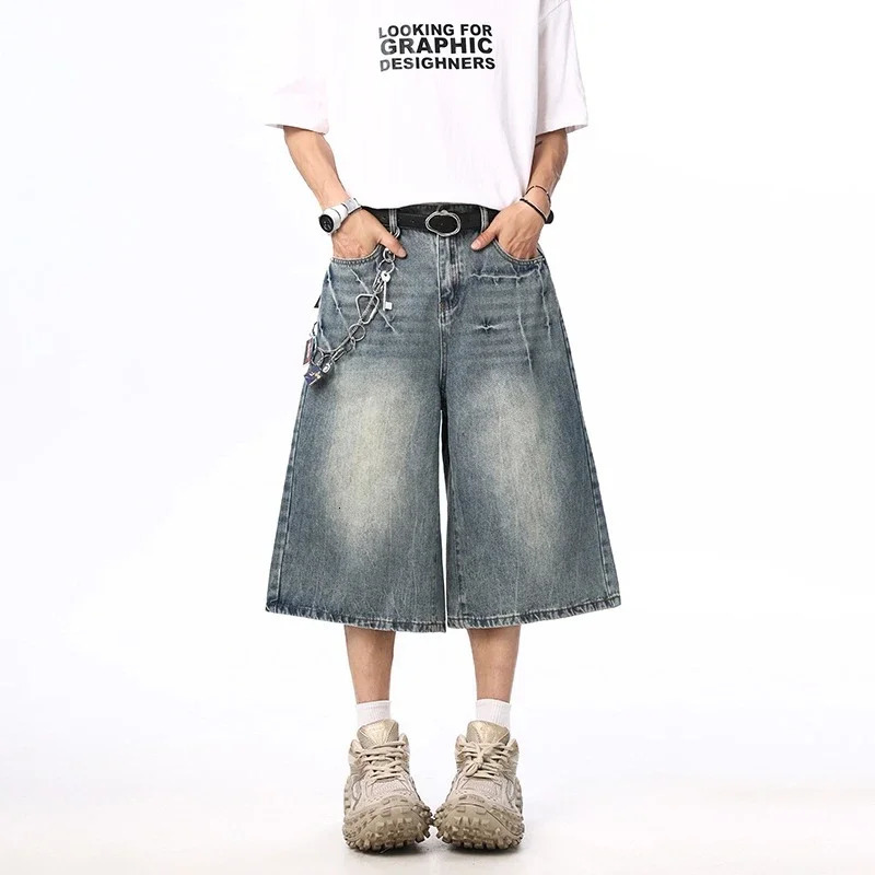 Y2k Oversized Mens Wide Shorts Summer Vintage Loose Calf-length Denim Pants Lightning Cracked Washed Baggy Jeans Streetwear 250617