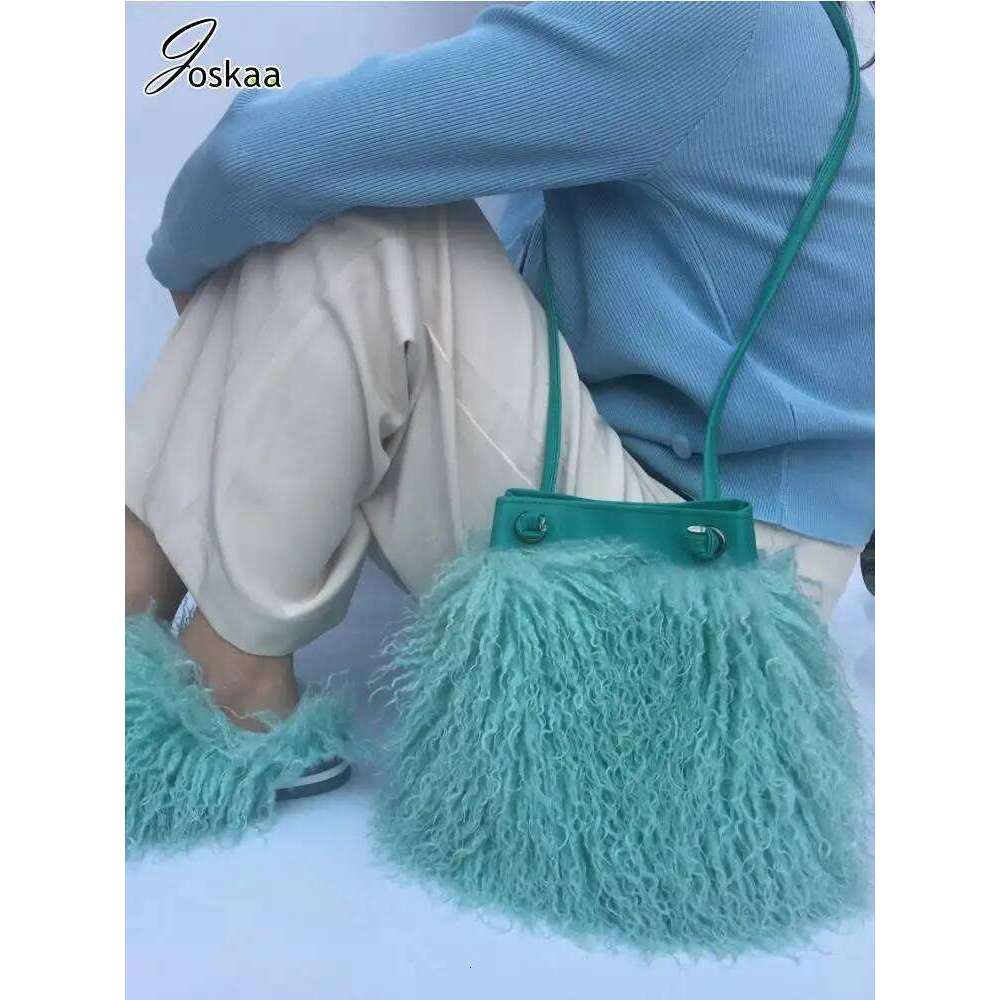 Joskaa Fashion Long Bucket Women Mongolian Sheep Bag Beach Faux Wool Fur One Shoulder Sling Handbag