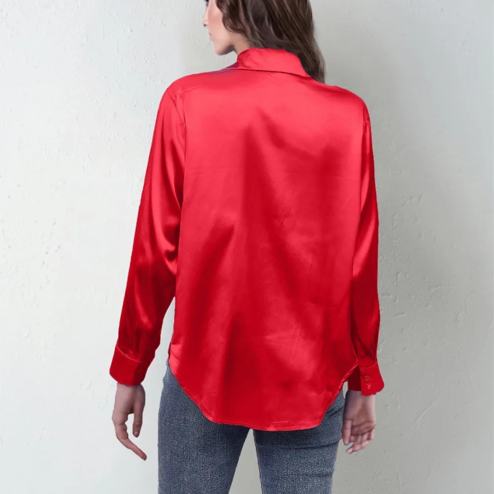 Spring Satin Shirt Women Loose Button Up Red Blouse Shirt Ladies Silk Long Sleeve Shirt For Women 250617