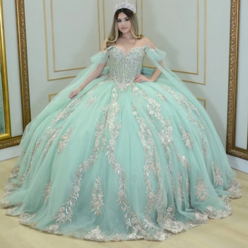 Glitter Mint Green Quinceanera Dresses Ball Gown Sequin Lace Applique Beading Crystal Bow Tull Sweet 16 Dress Vestidos De 15 Anos