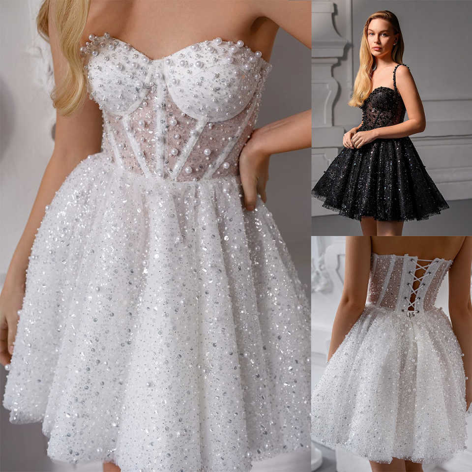 Runway A Line Prom Dress Sequins Pearls Spaghetti Strap Sleeveless Evening Dresses Above Knee Mini Party Gowns Customized