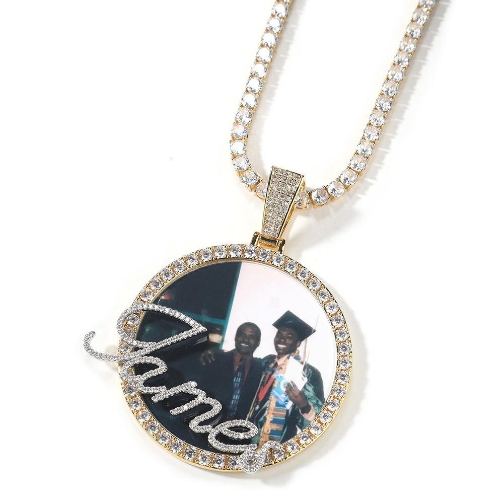 Custom Photo and Name Round Pendant Necklace 14K Gold New In Personalized Full CZ Stones Cubic Zirconia Diy Picture Collar Hip Hop Rapper Jewelry Gift