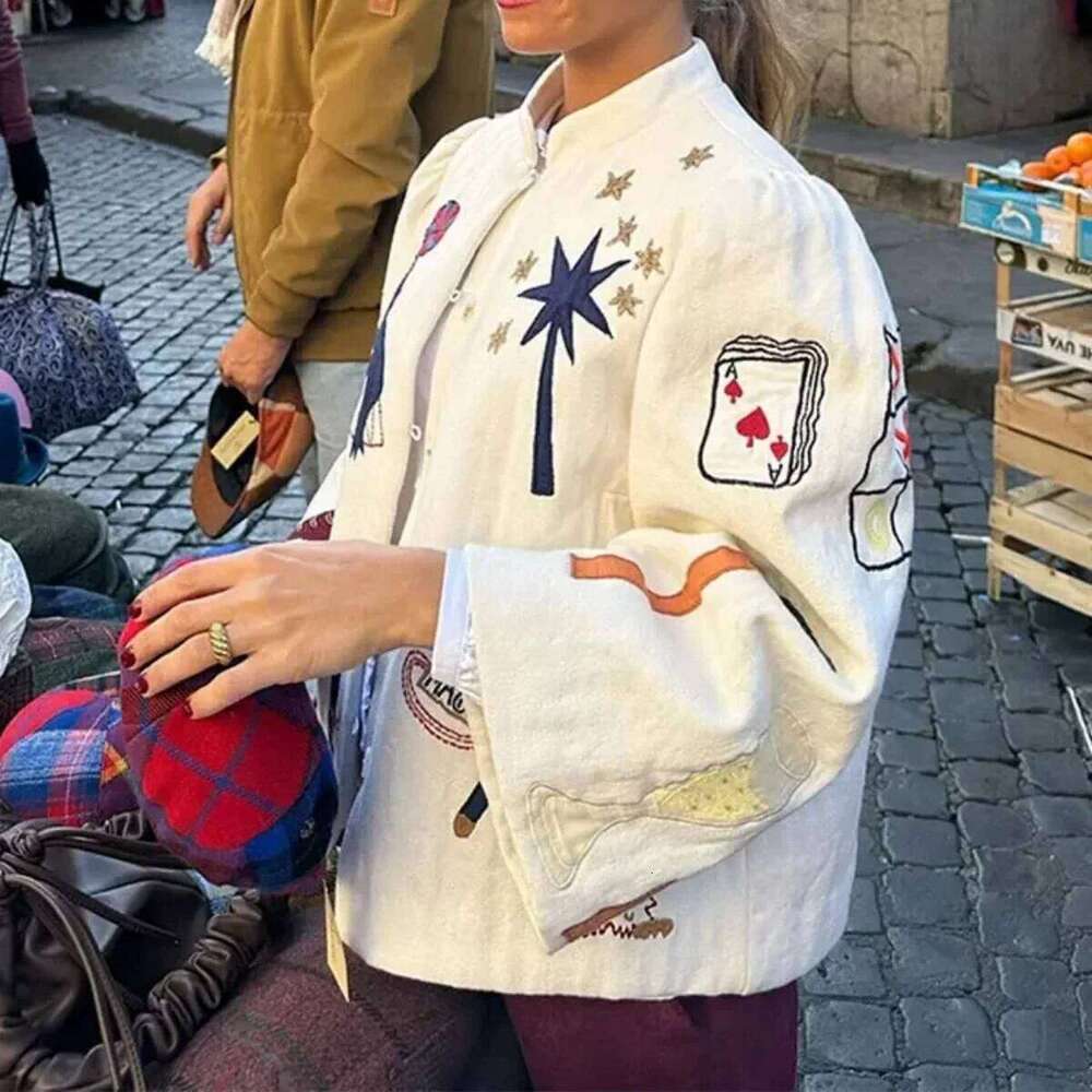 Spring Vintage Printed Coat For Women Casual Stand Collar Single Breasted Long Sleeve Jacket Female Fashion Overcoat