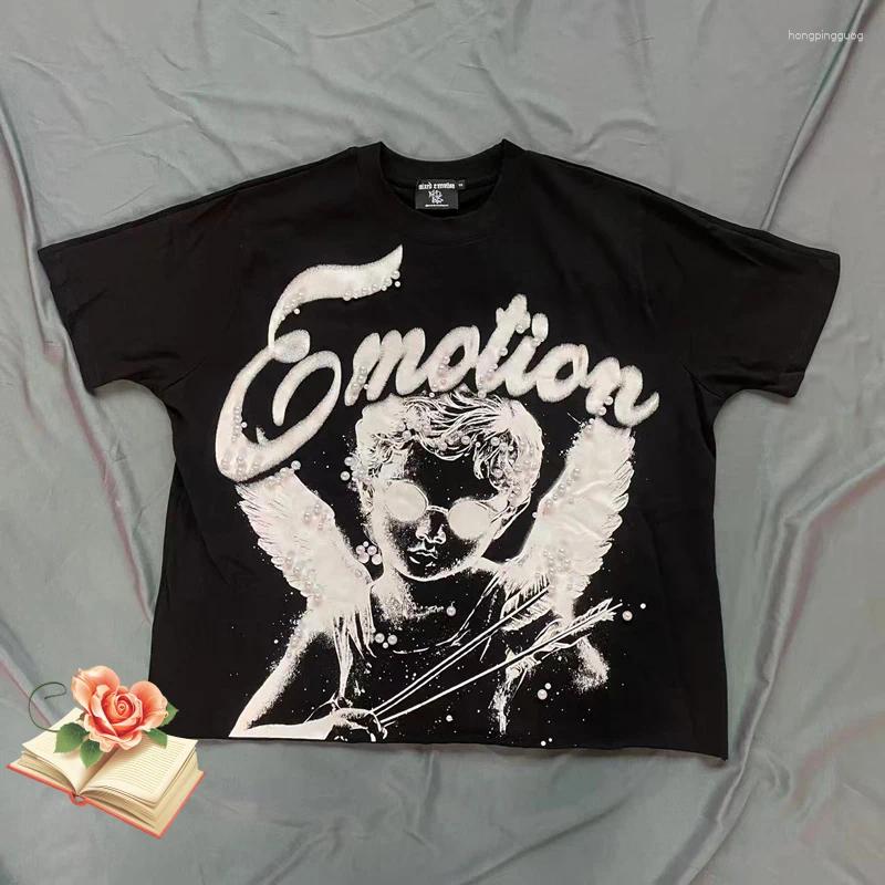 Men's T Shirts Black Mixed Emotion Embroidery Peal Label T-shirt Men Women High Qualit Angel Print Short Sleeve Cotton Loose Shirt Clothes