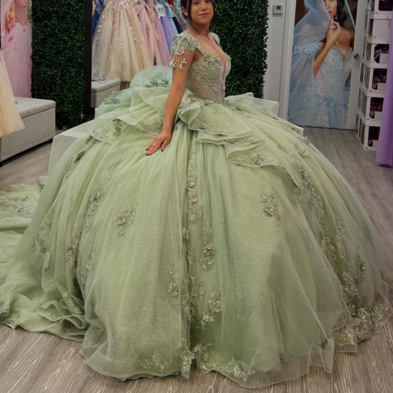 Sage Green Shiny Quinceanera Dresses Ball Gown Off The Shoulder Applique Flower Beading Crystal Tull Corset Sweet 16 Dress Vestidos 15 Anos