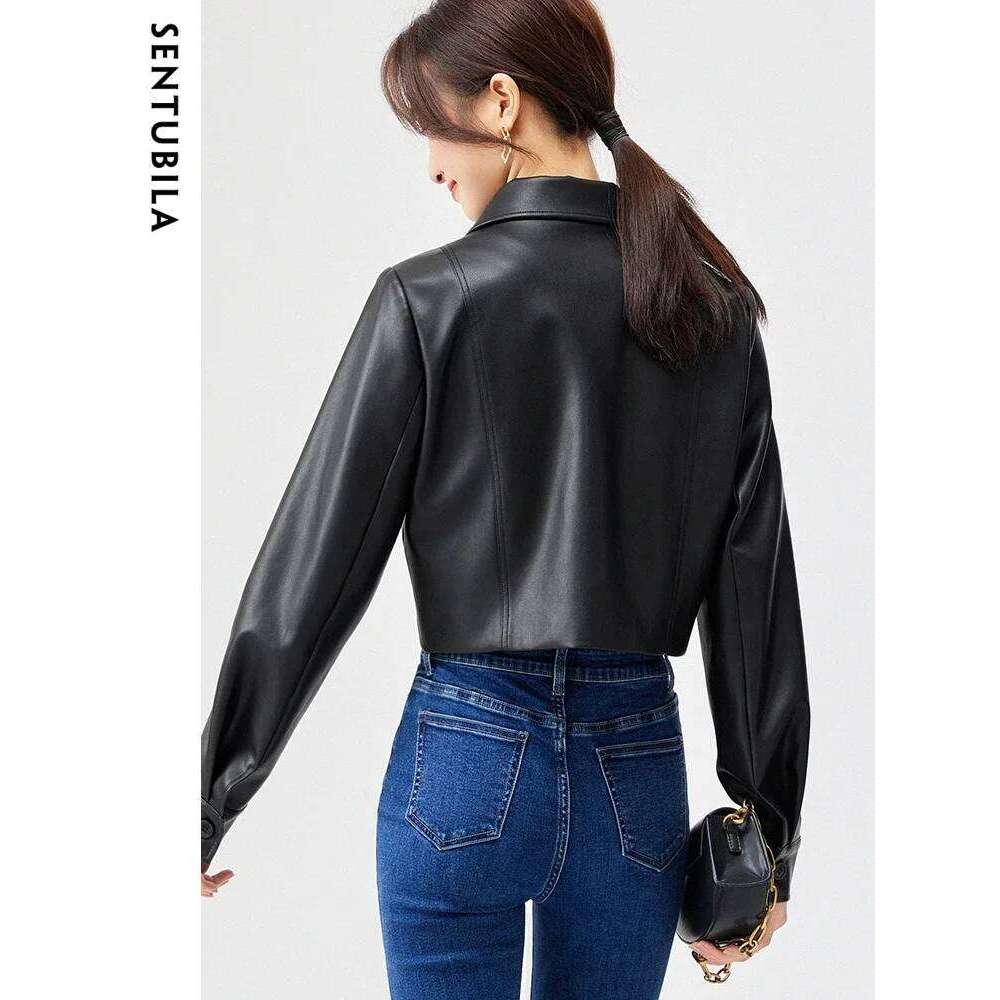 SENTUBILA Pu Leather Jacket Women Autumn Vintage Fashion Cropped Motorbike Jackets Single Breasted Black Cool Coat Top 131W46984