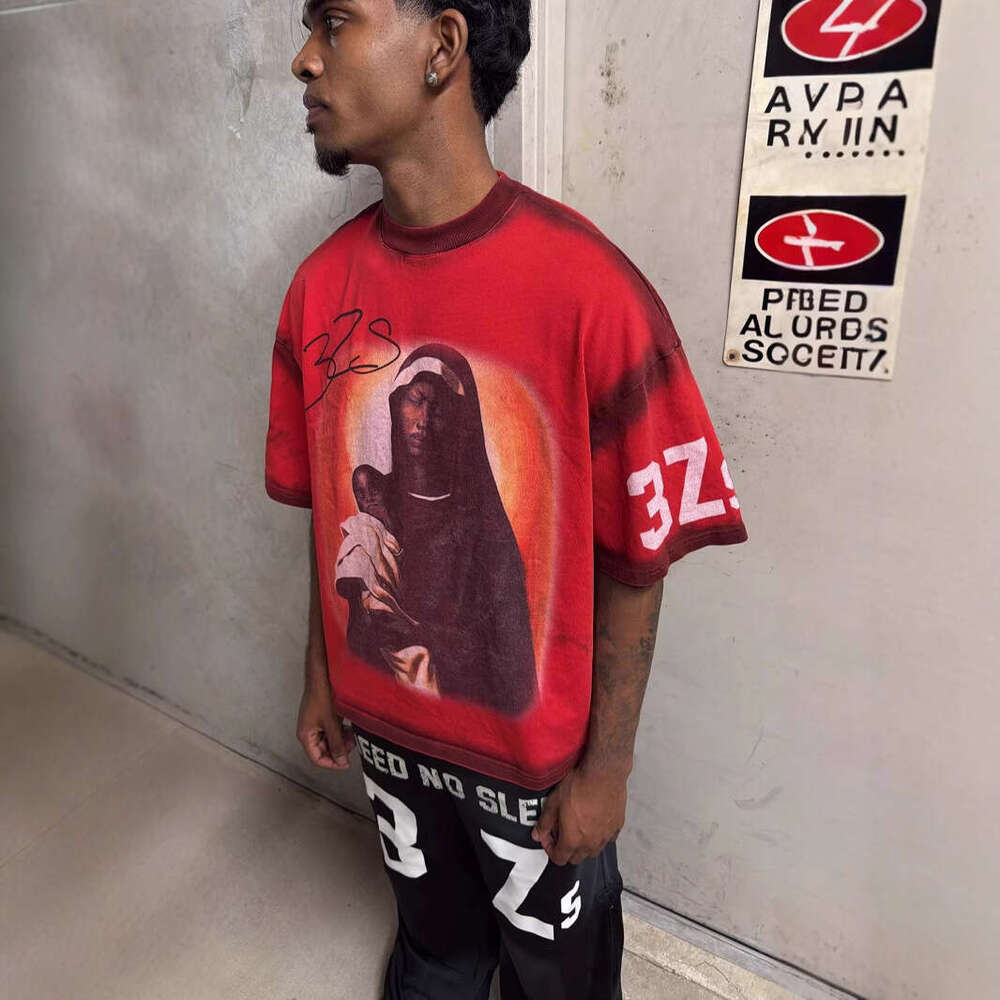 New American Street Style Virgin Mary Letter Print Loose Fit Versatile Short Sleeve