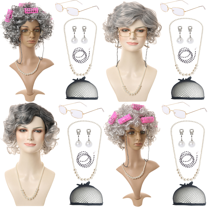 Granny dress up wig Synthetic wig Curling iron For festival dress up Performance cosplay Character dress up