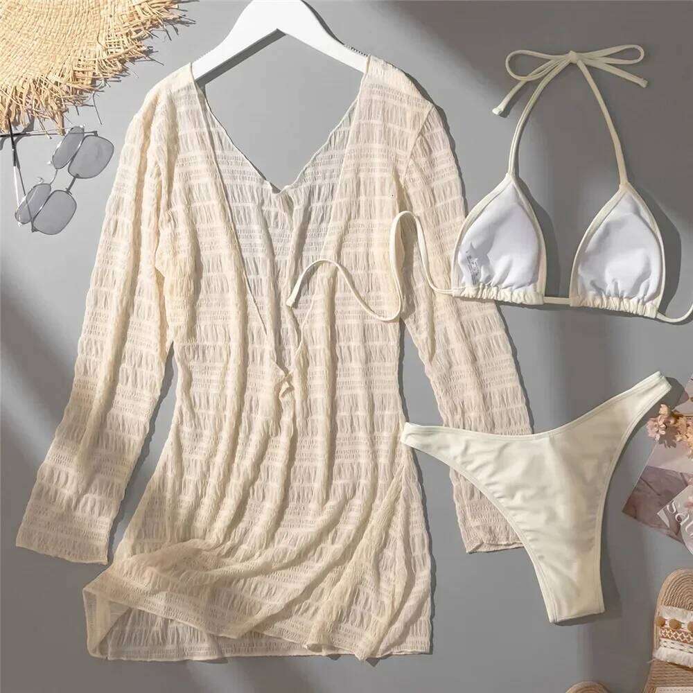 Black String Halter Triangle Bikinis Sets 2025 Sexy Swimsuit Cover Ups Women Backless Dresses Swimwear Bathing Suit Beach Wear