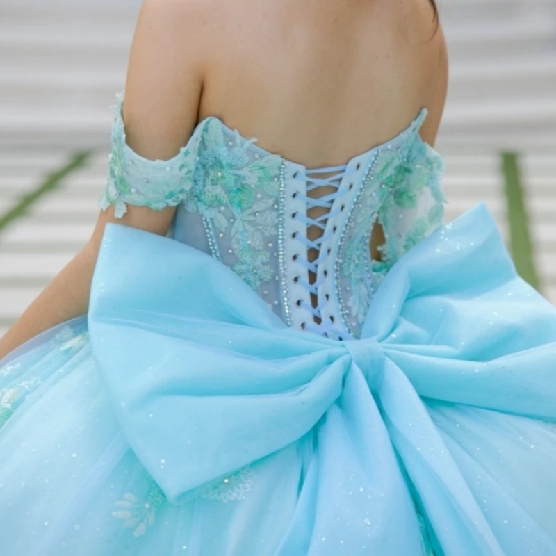 Sparkly 2025 Mint Green Quinceanera Dress Ball Gown Floral Applique Beading Crystal Tull Bow Sweet 16 Dress Vestidos De 15 Anos