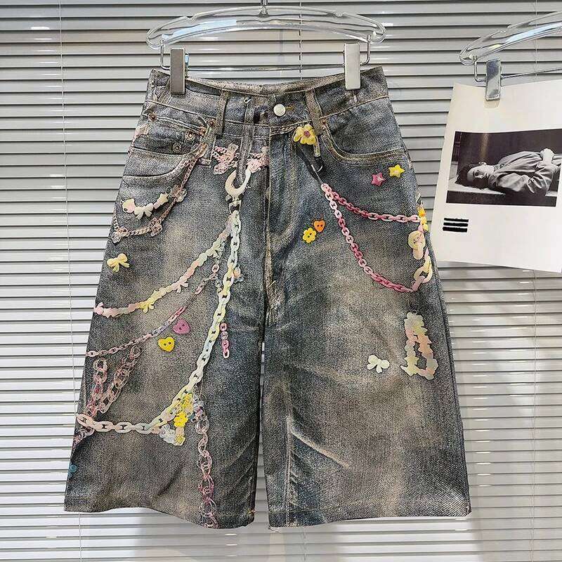 DEAT Fashion Colorful Chain Print Worn Denim Short Pants For Women High Waist Straight Leg Pant Female Trendy New Items 11A04379