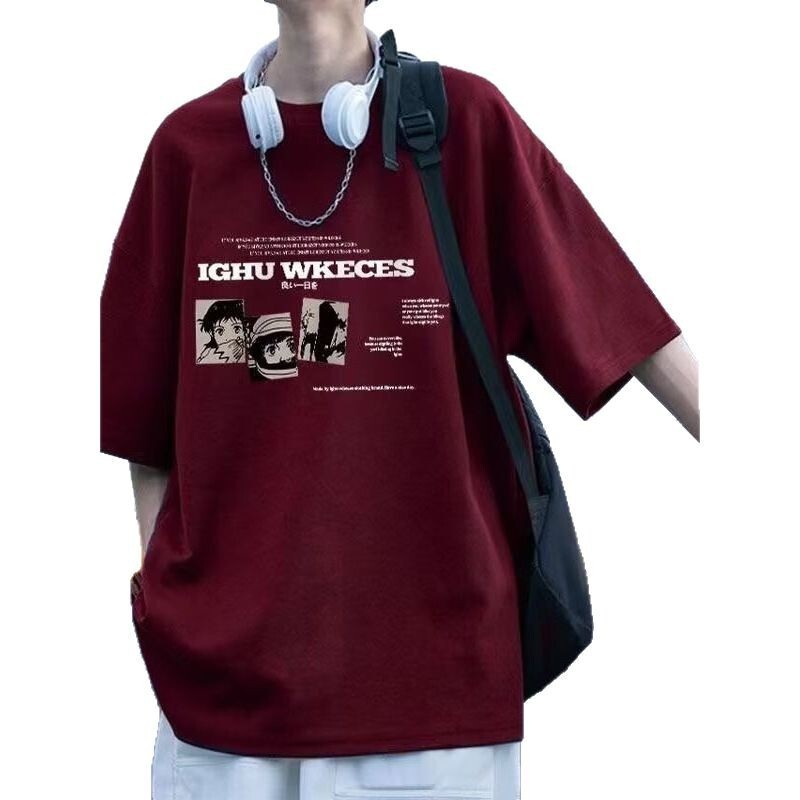 Summer Burgundy Heavy Short Sleeve Men's Youth Short Sleeve Long Pants Stylish European and American Three-Piece Set Men's Fashion Suit