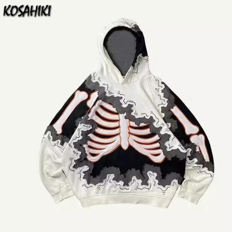Y2k Aesthetic Skull Print Hoodies Tops Women Men Autumn Harajuku Streetwear Hoody Punk Casual Loose Vintage Grunge Sweatshirts 250618