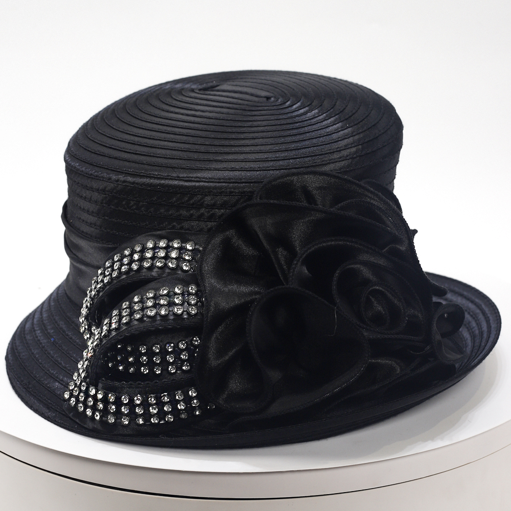 Elegant Black Church Hat with Rose Accent - Women's Wide Brim Derby Hat with Rhinestones for Sunday, Wedding, Tea Party & Race Day Events SD725