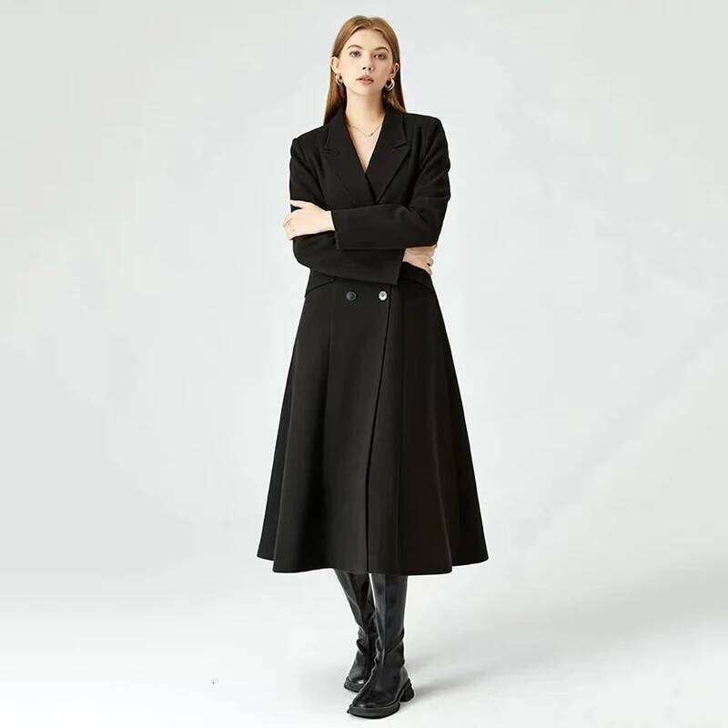 Black Faux Woolen Coats Women Winter Elegant Hepburn Style Suit Collar Long Jacket Fashion Waist Thicke Warm Blends Outwear