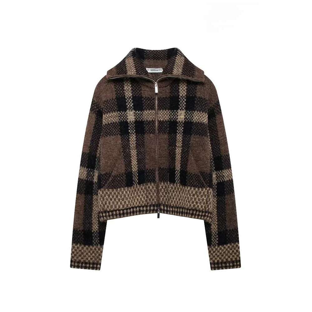 Women's Fashion Retro Style Plaid Knit Aviator Chic Lapel Front Zipper Pockets Elegant Casual Thickened Warm Jacket