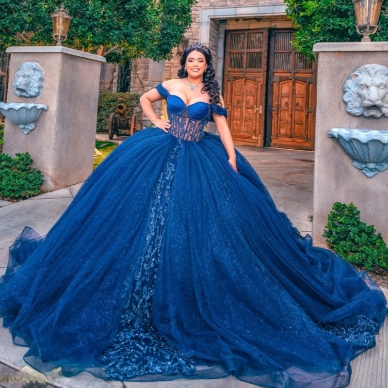 2025 Royal Blue Shiny Quinceanera Dresses Ball Gown Lace Applique Beading Crystal Tull Mexico Corset Sweet 16 Dress Vestido De 15 Anos
