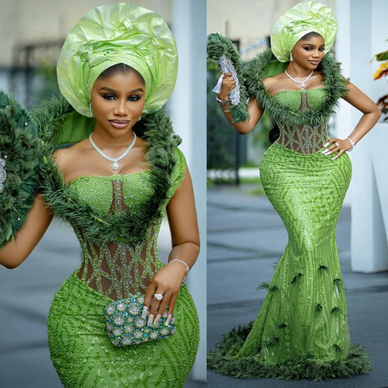 2025 Classic Green Aso Ebi Prom Dress Mermaid Prom Dresses Evening Formal Gowns Feather Portrait Beaded Lace Crystals Birthday Dress Second Reception 