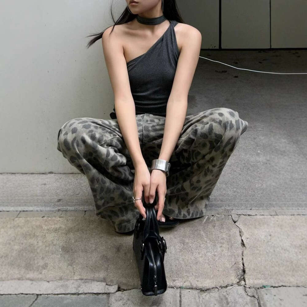 Vintage Washed Leopard Print Jeans For Women, Spring And Autumn New Style, Hip-Hop Casual Floor-Length Pants B5