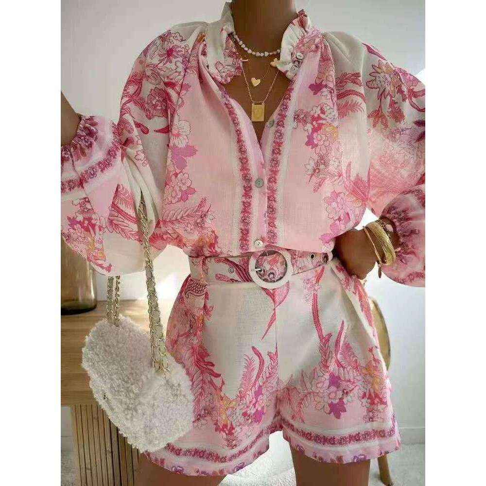 Vintage Printed Lantern Sleeve Button Shirt Set Casual Elastic Waist Wide Leg Short Pants Suit For Women 2025 Summer Street Wear