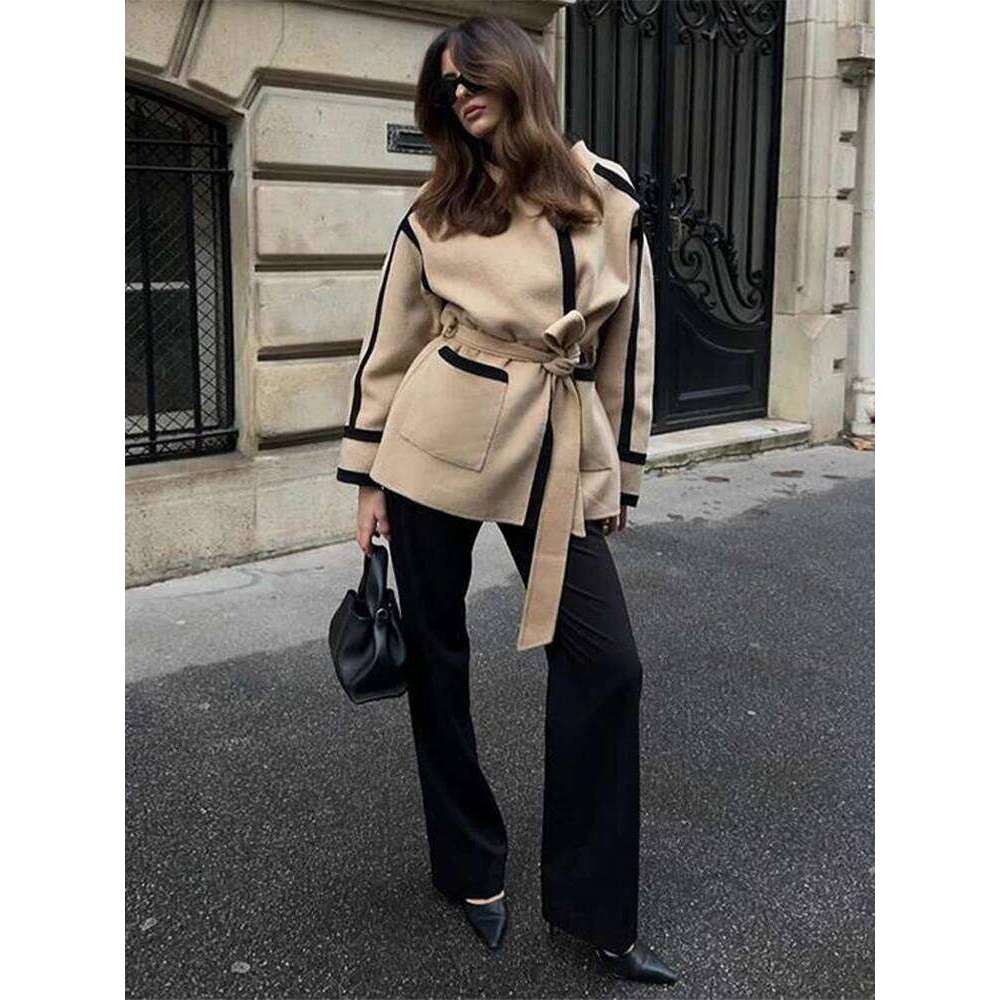 New Spliced Contrast Woolen Coat Women Long Sleeve Thicken Jacket with Belt Pockets 2025 Spring Casual Ladies Commuter Outwear